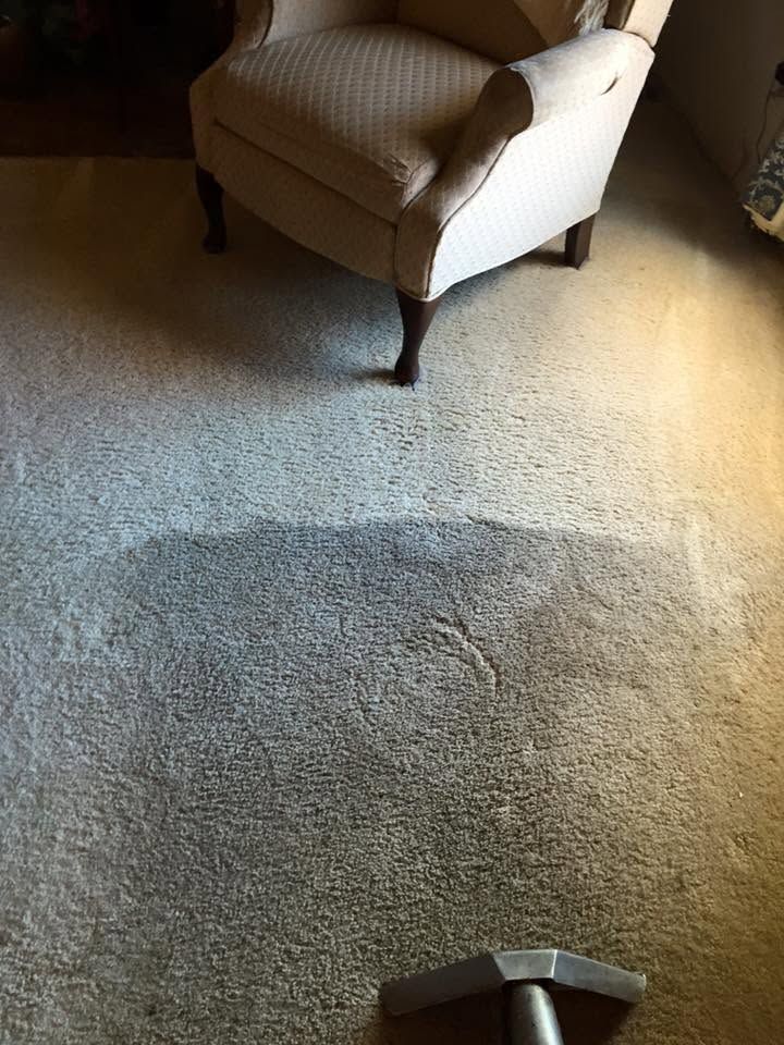 Living room with a cream armchair and a large wet stain on beige carpet