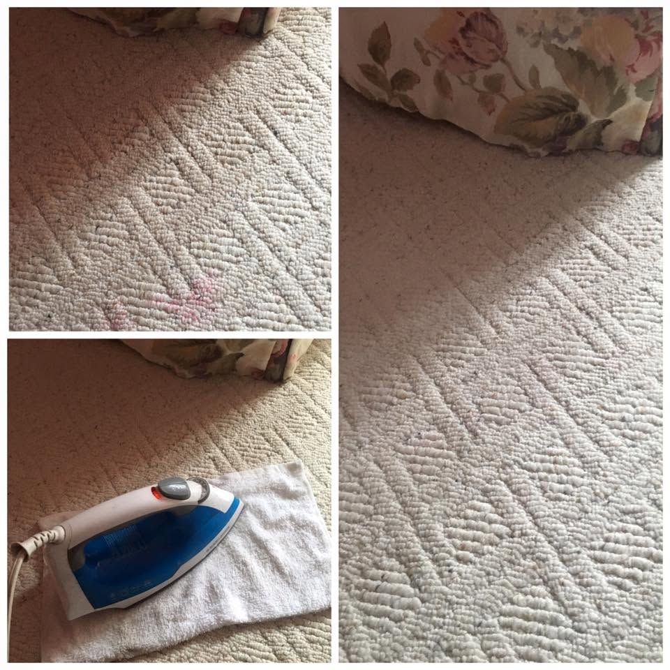 Collage of a beige carpet being ironed, with a blue-and-white iron on a cloth in one panel.
