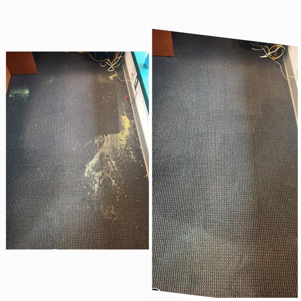 Before-and-after carpet photos showing a dirty stain on the left and a cleaned section on the right.