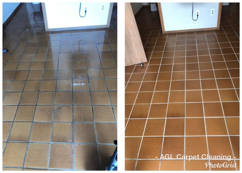 Split view of a brown tiled floor before and after professional cleaning, showing restored shine.