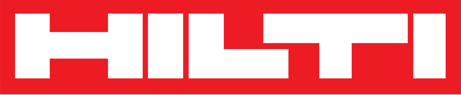 HILTI logo on red background, white block letters.