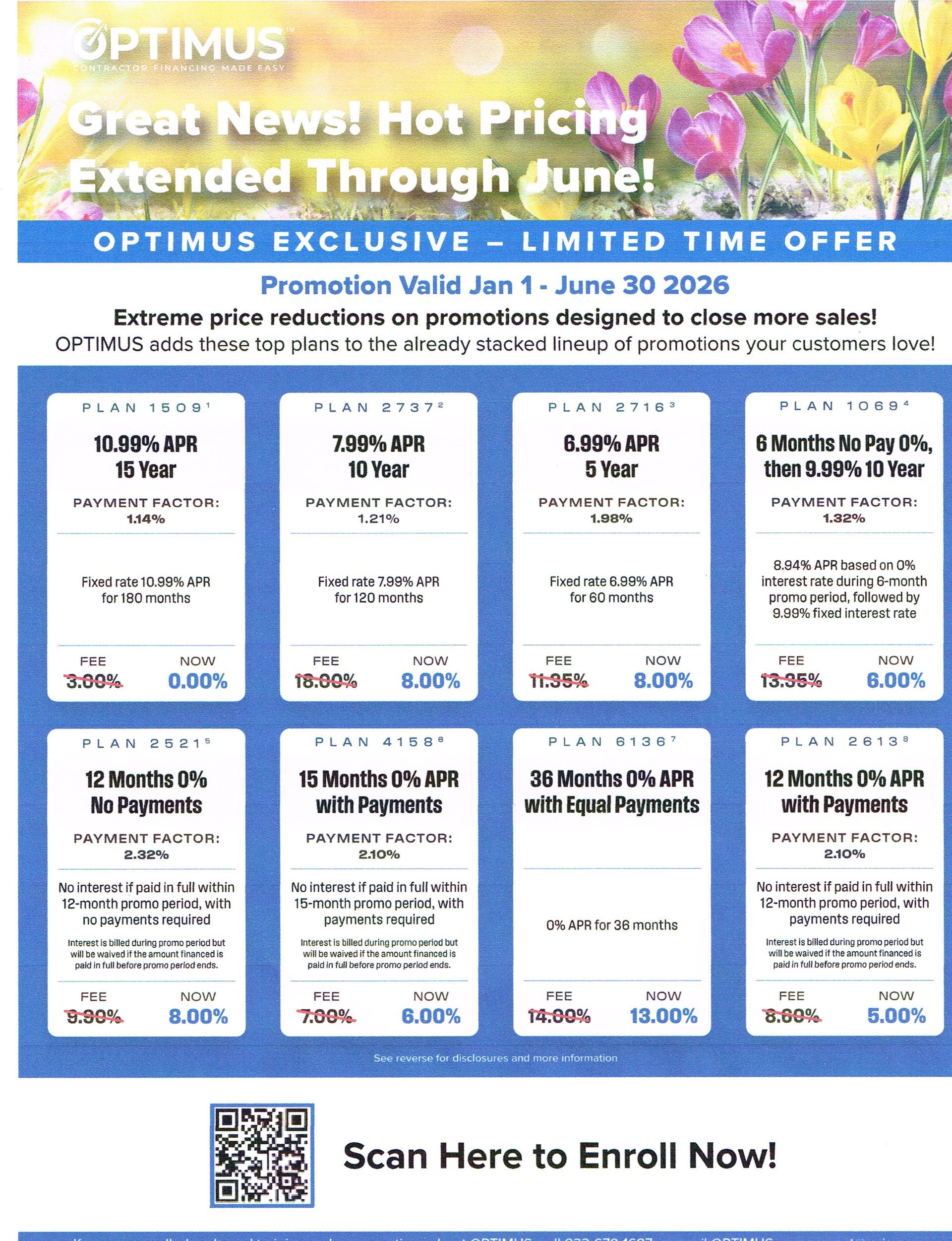 Optimus dental insurance plan flyer with pricing, plan cards, and a “Scan Here to Enroll Now” QR code