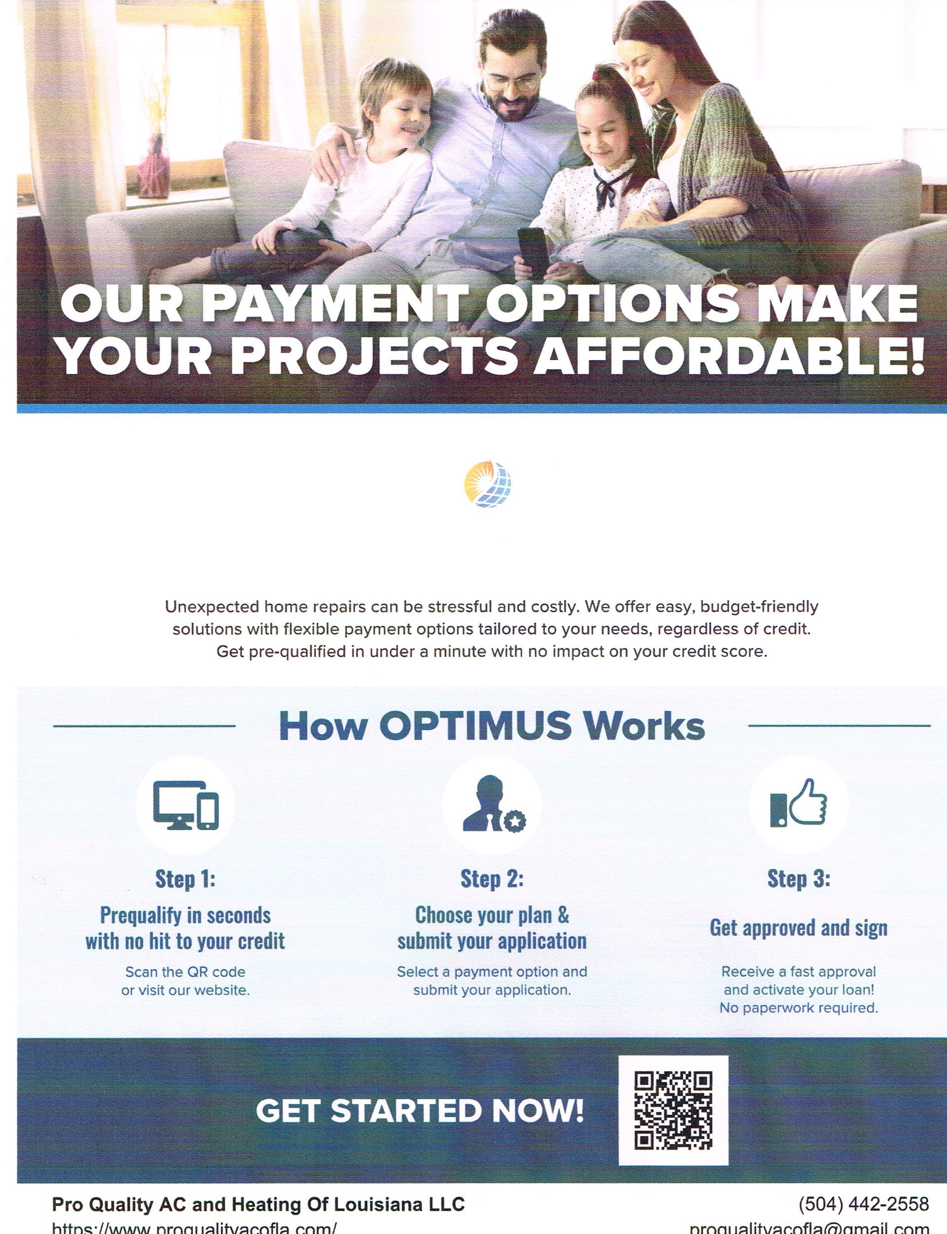 Promotional flyer for payment plans, with a family photo and “How Optimus Works” steps plus a “Get Started Now” QR code.