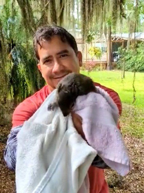 A man is holding a small animal wrapped in a towel.