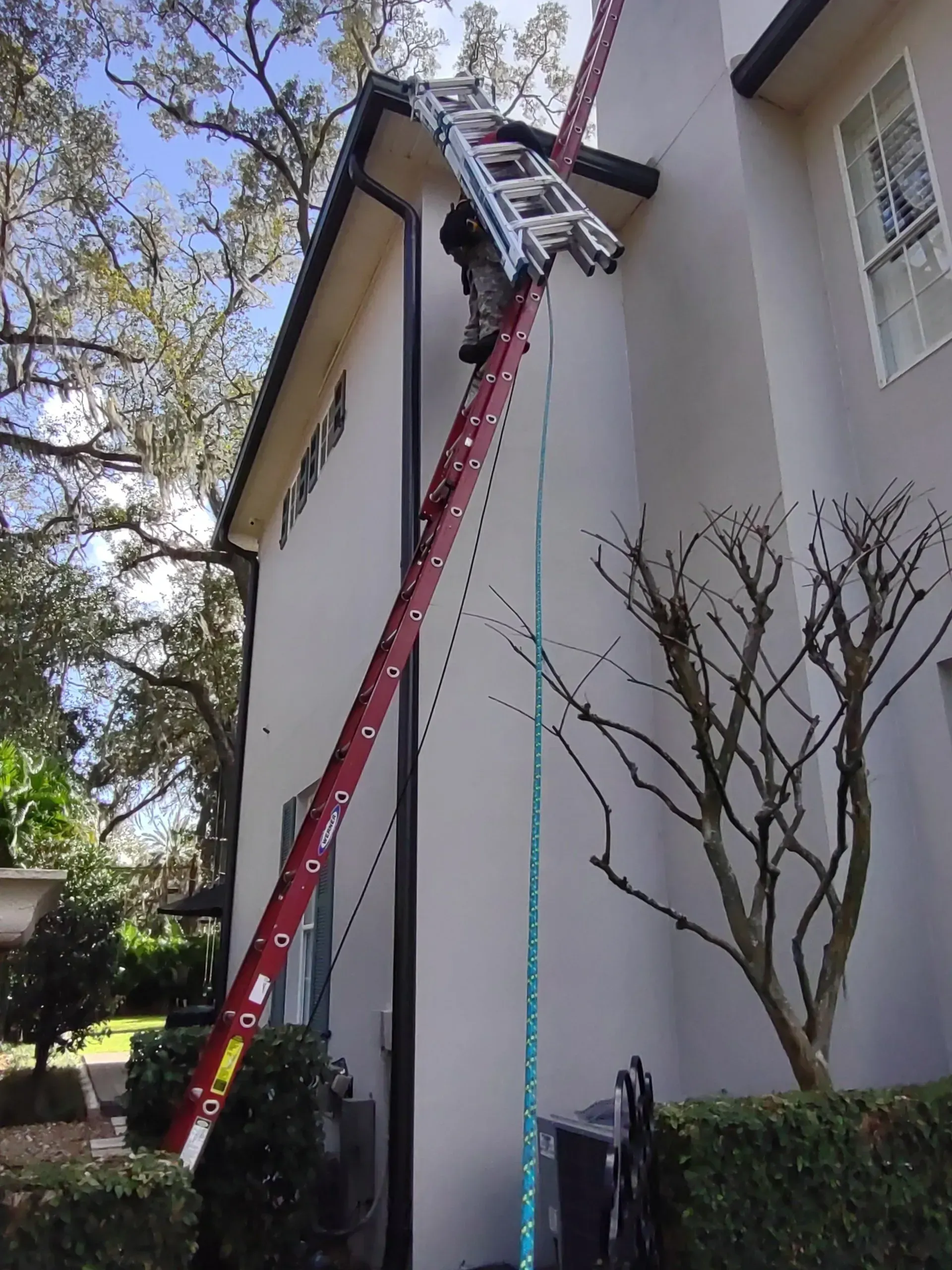 A ladder is attached to the side of a house