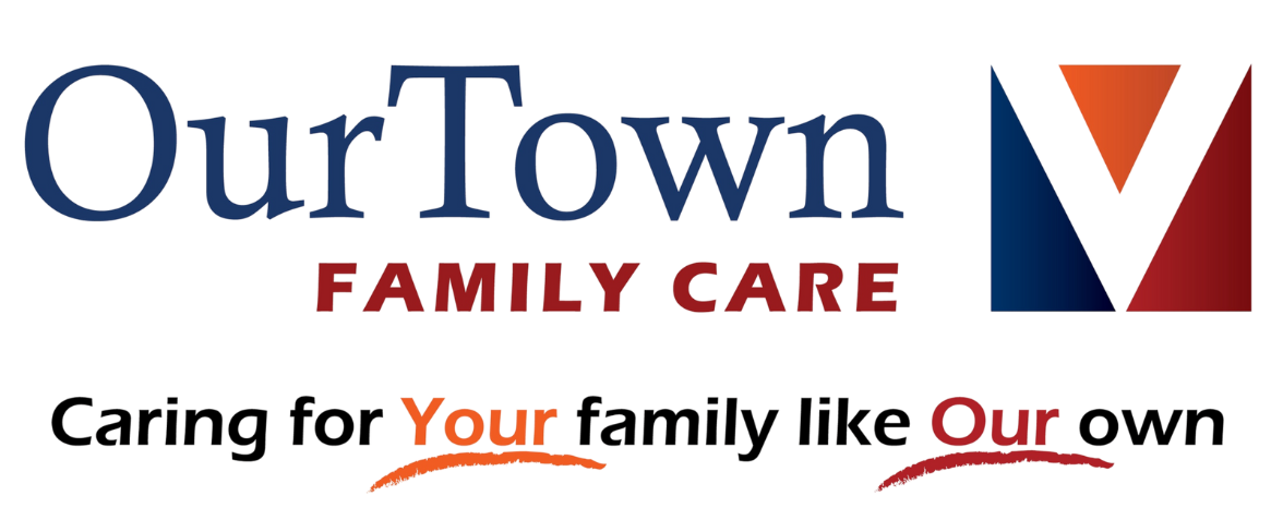 A logo for our town family care is shown on a white background.