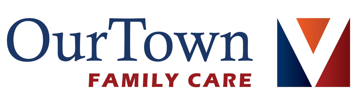 A logo for our town family care is shown on a white background.