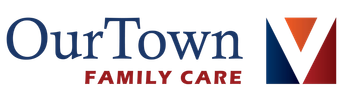 A logo for our town family care is shown on a white background.