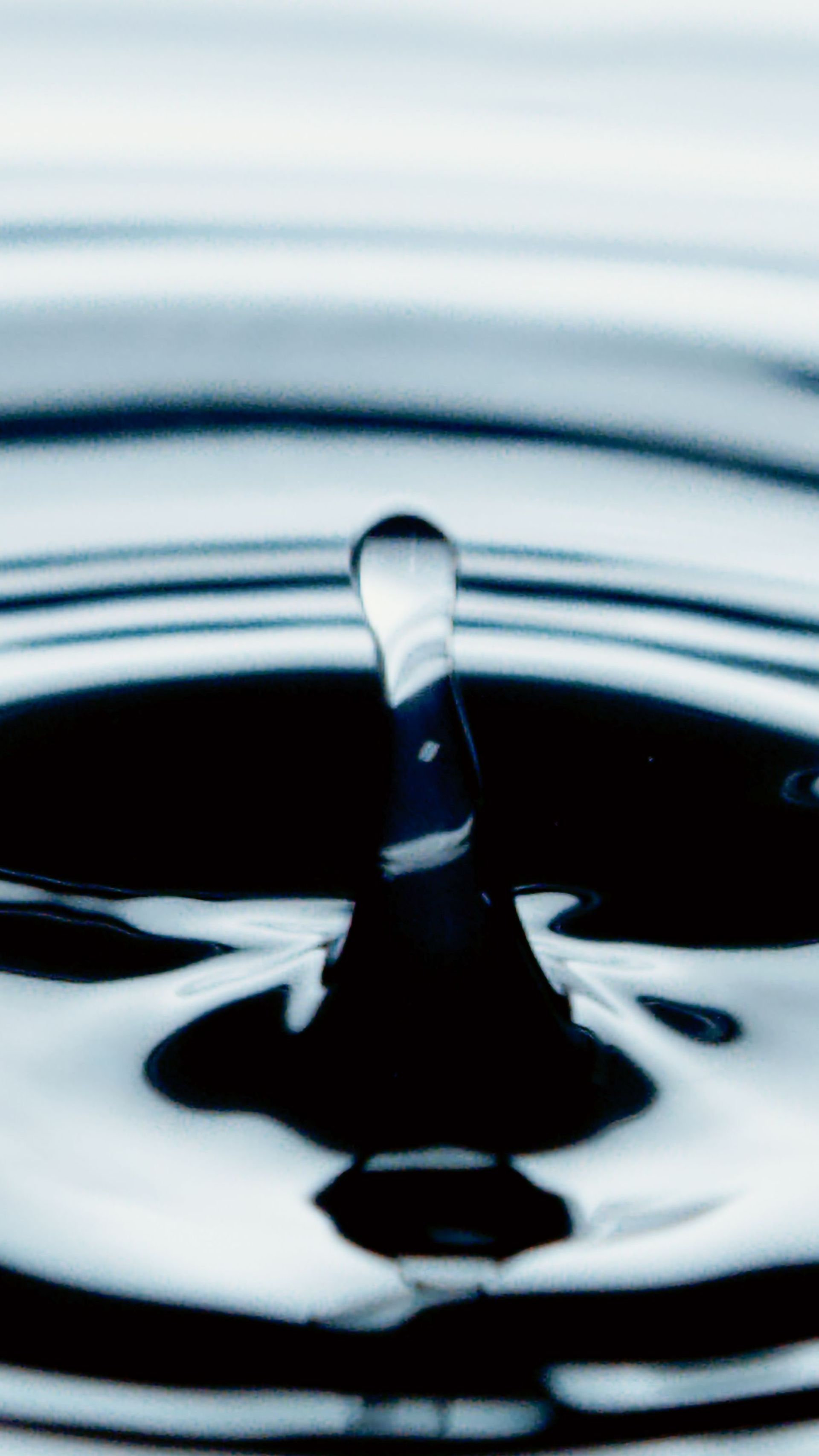 Una goccia d'acqua che schizza in un liquido scuro crea delle increspature concentriche.
