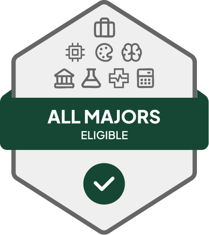 Badge with blue banner: 