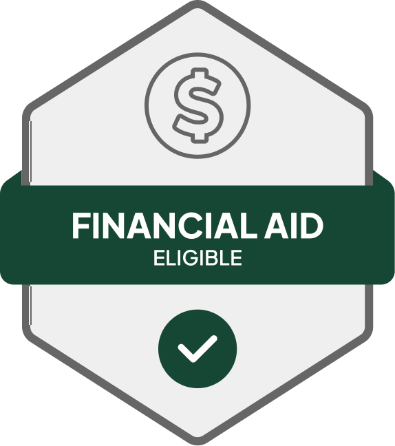 Badge: Financial Aid Eligible, blue banner, building icon, dollar sign.
