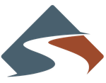 A logo featuring a slate-blue mountain shape bisected by a white, curved path, with a burnt-orange base on the right.