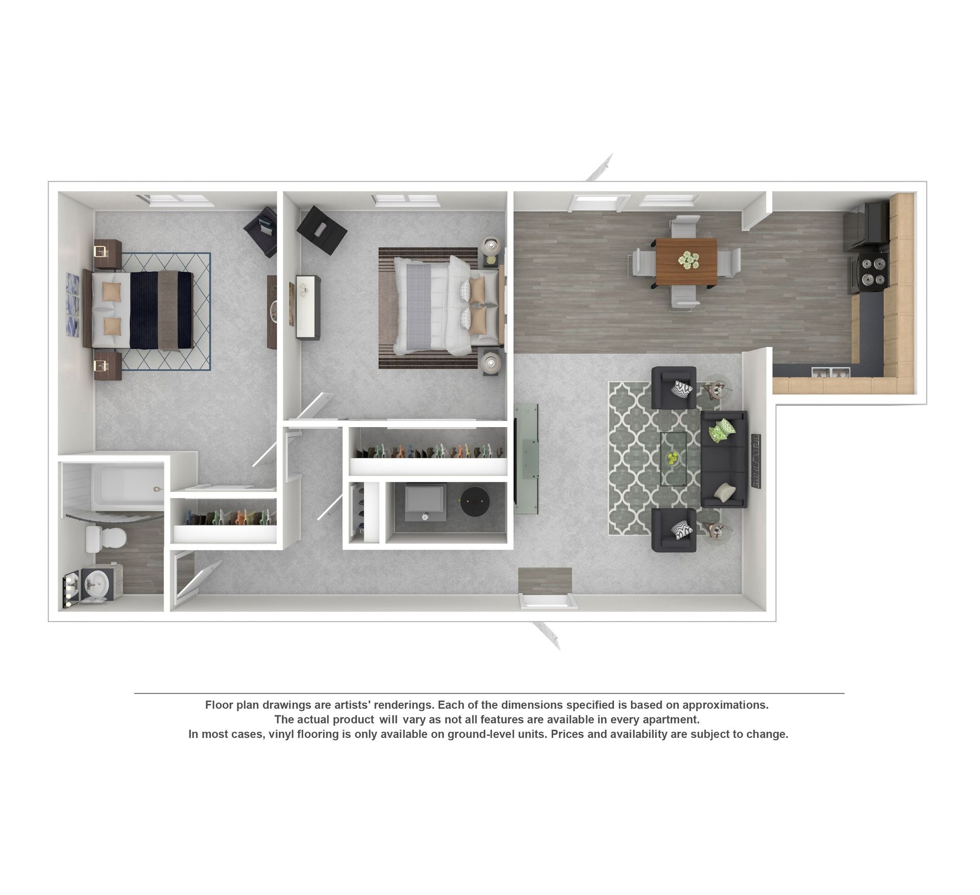 A 2D floor plan for a one-bedroom apartment featuring an open living area, kitchen, bathroom, and bedroom with a closet.
