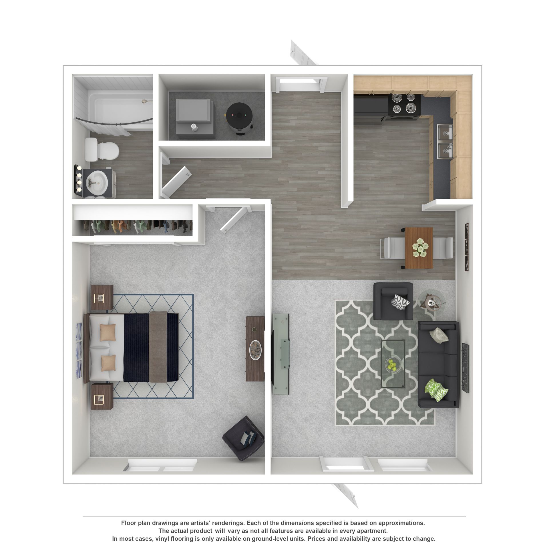 A 2D floor plan for a one-bedroom apartment featuring an open living area, kitchen, bathroom, and bedroom with a closet.