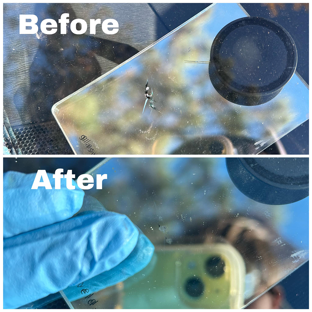 Before-and-after of a scratched glass surface being cleaned with a blue-gloved hand