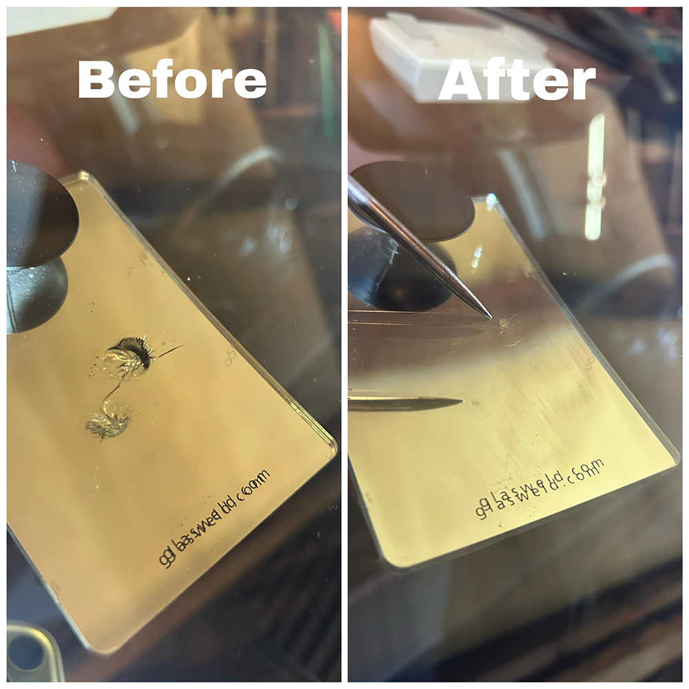 Before-and-after close-up of a gold-colored phone back showing a repair removing a dent and hole.