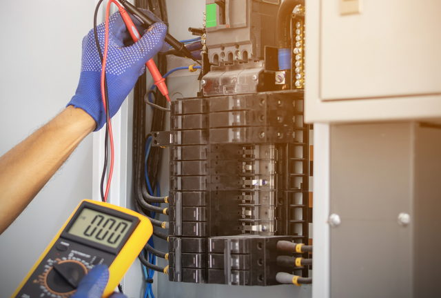 Technician testing electrical wiring in a panel with a multimeter and red leads