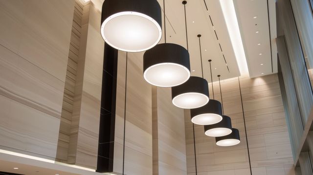 Row of modern hanging pendant lights in a bright, minimalist interior lobby