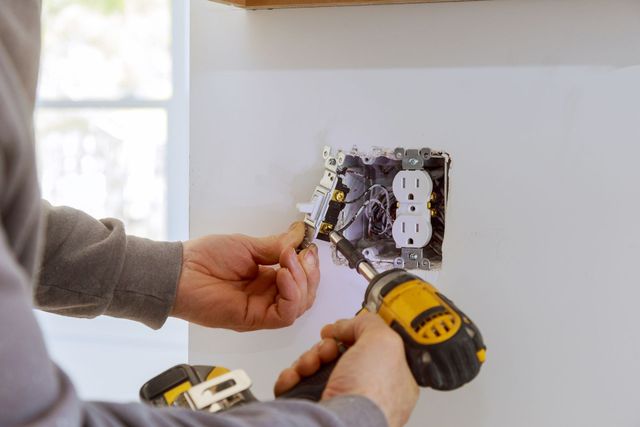 Person wiring a wall outlet with a screwdriver and drill during home electrical repair