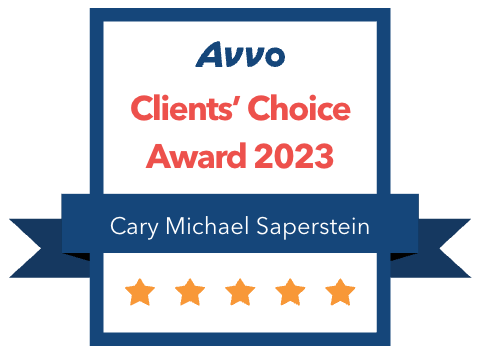 Avvo Clients' Choice Award 2023 for Cary Michael Saperstein; dark blue, red, and gold award badge.