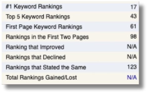 SEO ranking stats list with counts for top 5, first page, and first two pages.