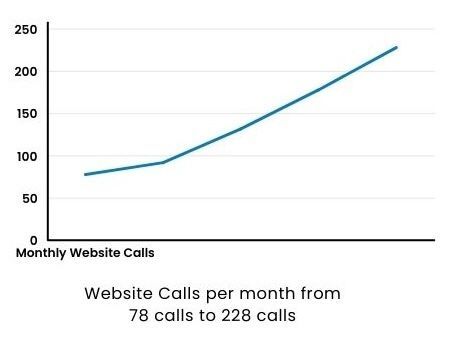 Line chart showing monthly website calls rising from 78 to 228 calls, with a teal upward trend line.