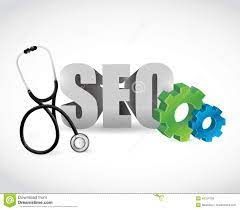 SEO text with a stethoscope and green-blue gear icons on a white background