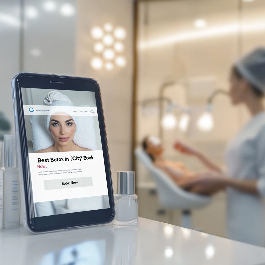 Tablet displaying Botox ad in a clinic, with a syringe vial beside it and a blurred medical professional in the background