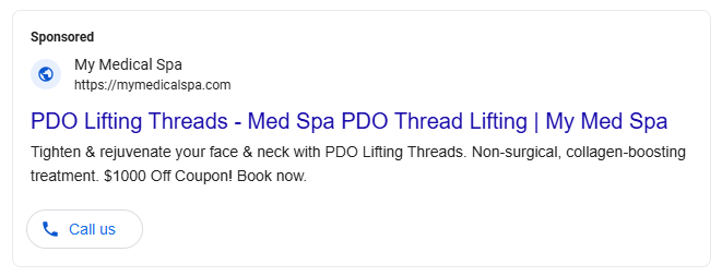 Sponsored ad for My Medical Spa promoting PDO lifting threads, with a blue Call us button on white background