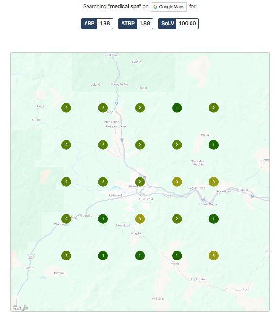 Map with green numbered markers over a pale green terrain, showing search results clustered around a central area.