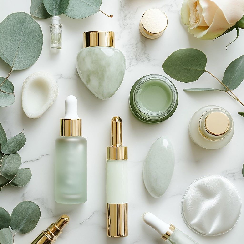 Assorted pale green and gold skincare bottles and jars arranged with eucalyptus leaves on a white background
