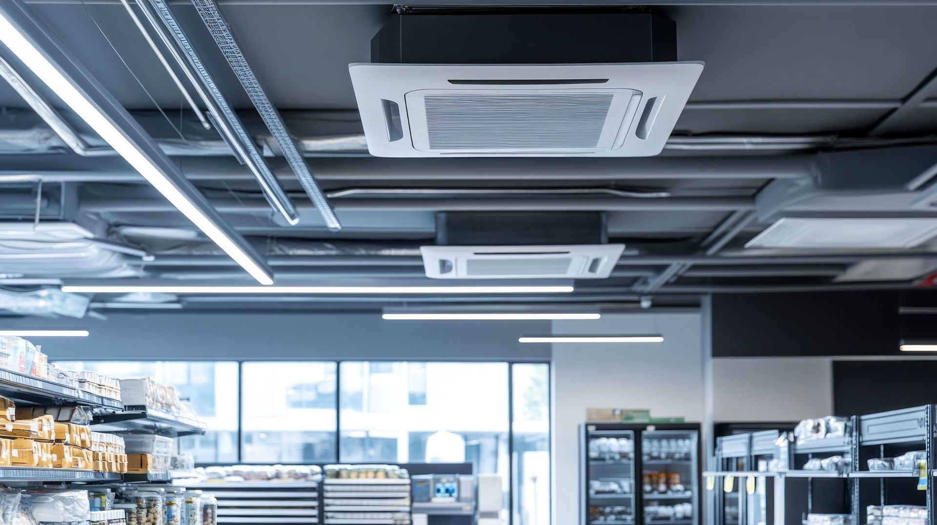 Un ventilateur de plafond est suspendu au plafond d'un magasin.
