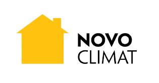 Une maison jaune avec les mots novo climat sur fond blanc.