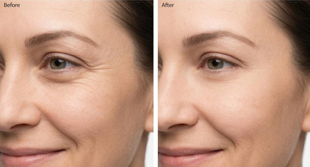 Before and after showing natural crow's feet line softening with anti-wrinkle injections at Signature Aesthetics Nottingham