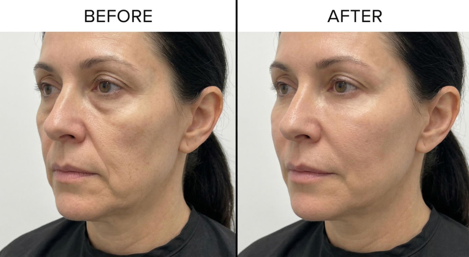 Three-quarter angle before and after comparison showing natural mid-face volume restoration with cheek fillers