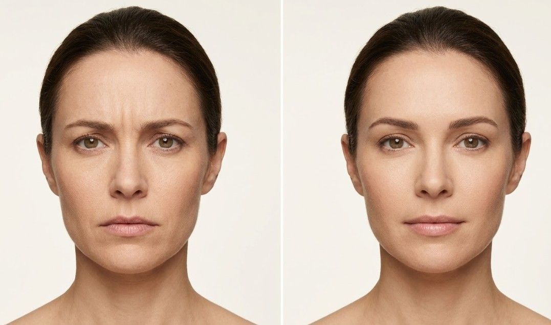 Side by side comparison showing how glabellar line treatment improves resting facial expression at Signature Aesthetics

