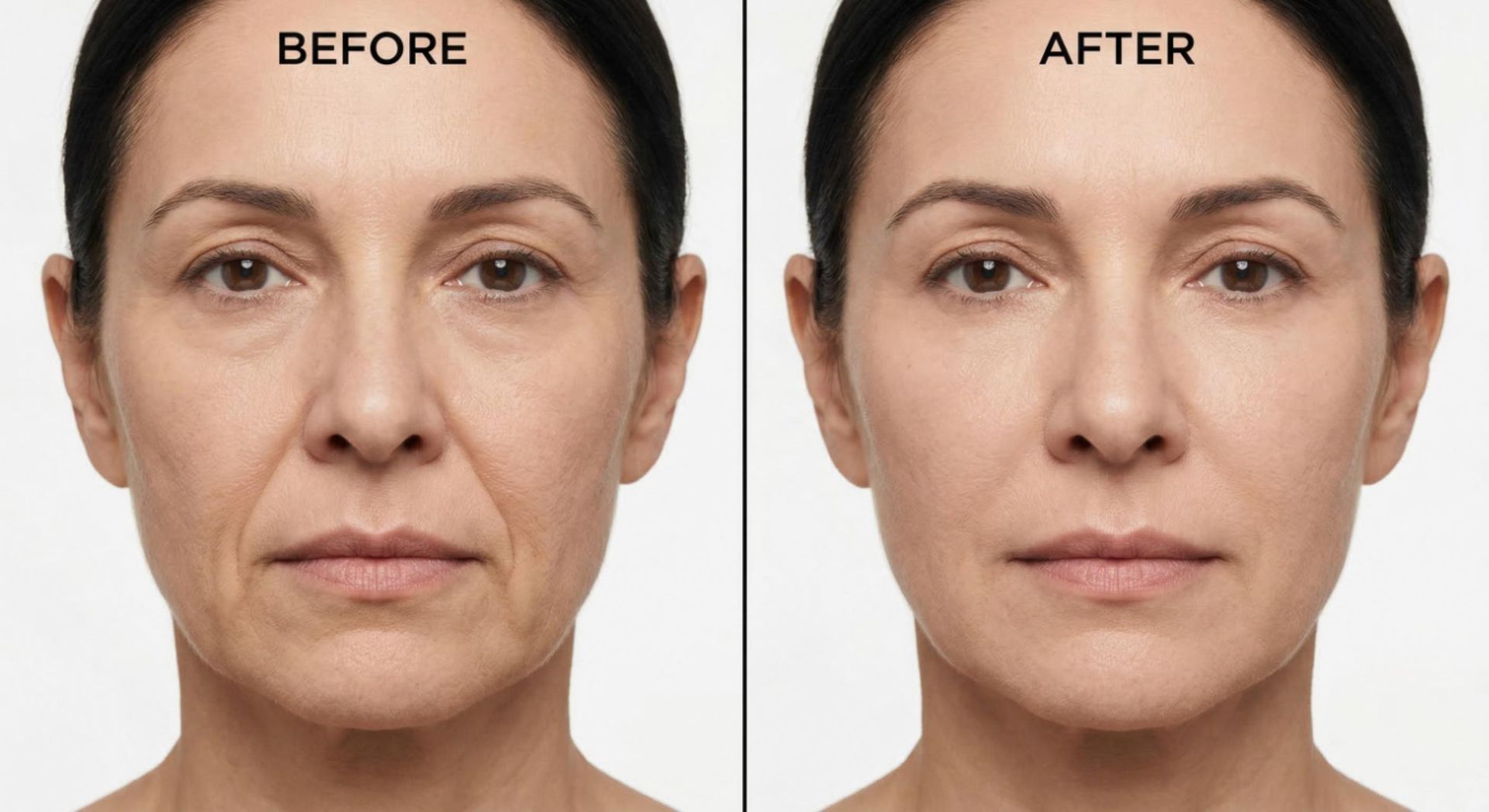Straight-on before and after comparison showing natural nasolabial fold softening with dermal filler