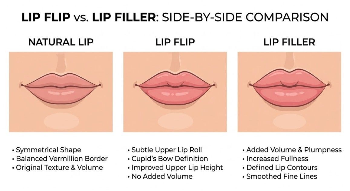 Illustrated comparison graphic showing the difference between a lip flip and lip filler result