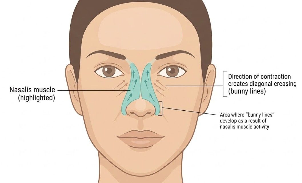 Diagram of the nasalis muscle showing mechanism behind bunny line formation & the treatment area for anti-wrinkle injections