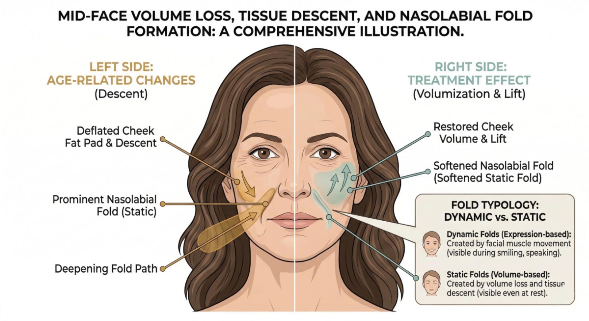 Diagram showing the relationship between mid-face volume loss, tissue descent, and nasolabial fold formation with treatment