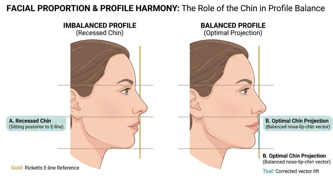 Diagram showing chin projection in profile balance and the Ricketts E-line reference used in chin filler assessment