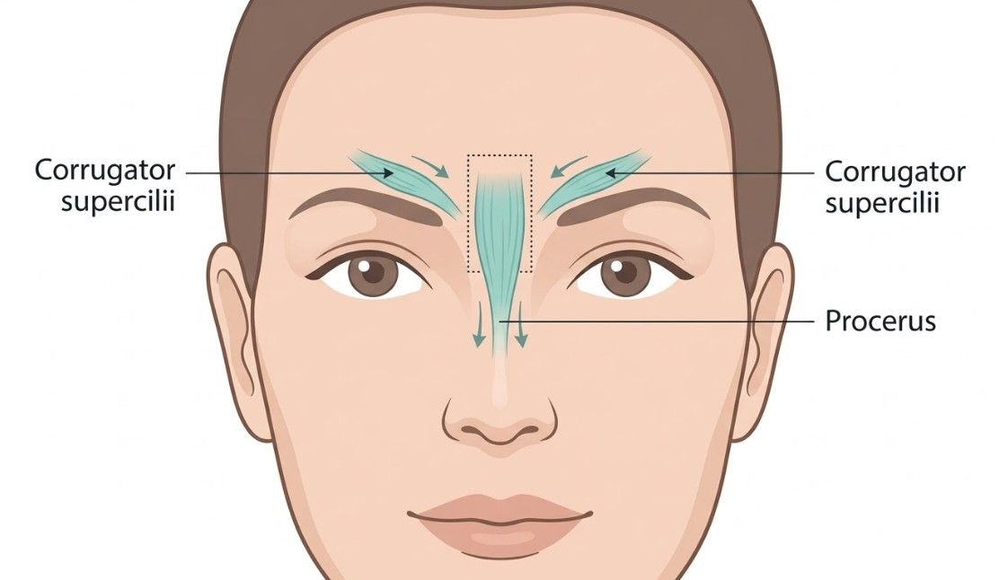 Diagram showing the corrugator supercilii and procerus muscles responsible for glabellar frown lines