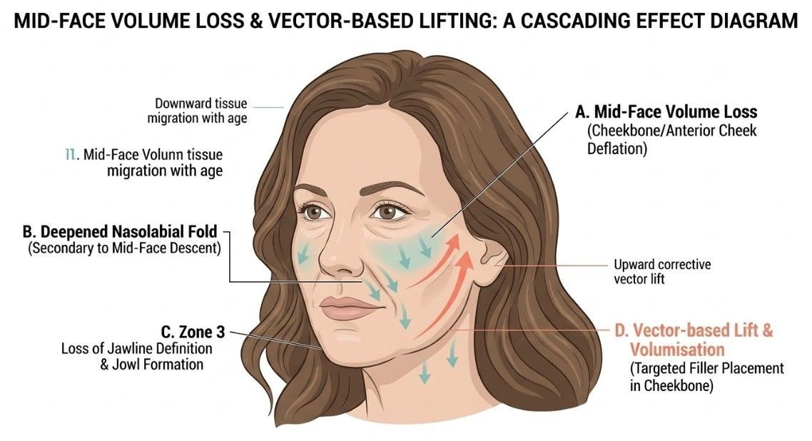 Diagram showing age-related mid-face volume loss and the lifting effect of cheek filler treatment at Signature Aesthetics