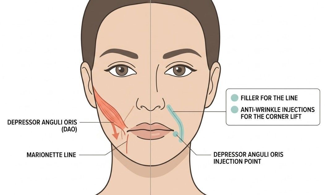 Diagram showing the depressor anguli oris muscle and combined marionette line filler and anti-wrinkle treatment approach