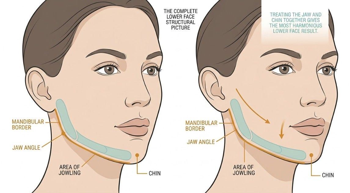Lower face diagram showing the mandibular border, jaw angle, jowling zone and filler placement areas for jaw filler treatment