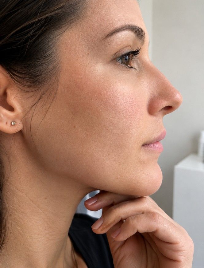 Close-up side profile of a woman's jawline before masseter botox treatment at Signature Aesthetics in Nottingham