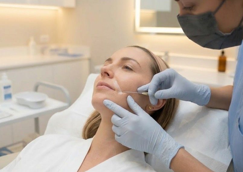 Practitioner performing precise nasal fold filler treatment with careful placement at Signature Aesthetics Nottingham