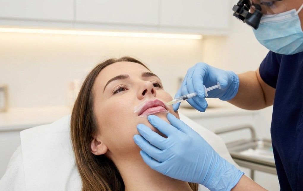 Aesthetic practitioner performing precise lip filler treatment with topical numbing cream applied at Signature Aesthetics