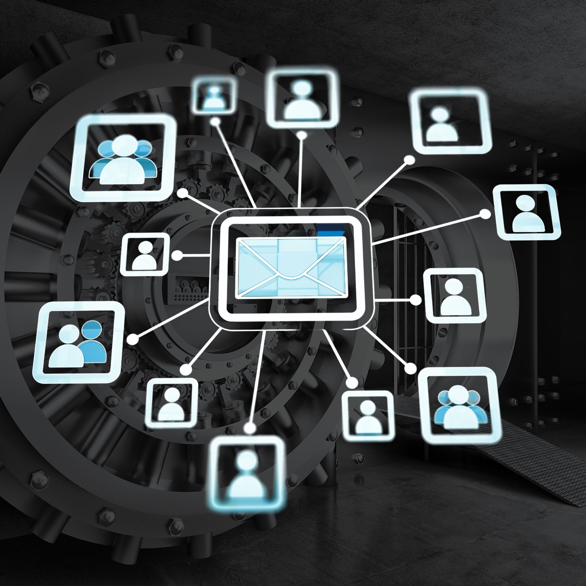 A group of people are connected to an envelope