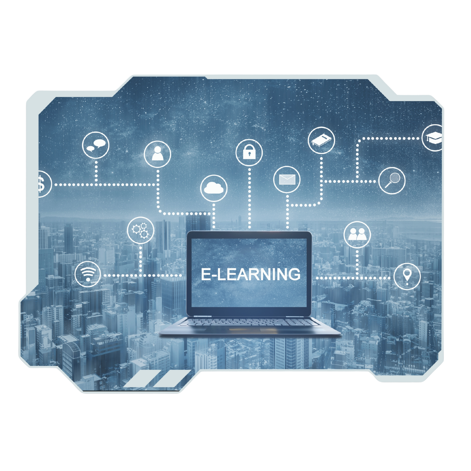 A laptop computer with the word e-learning on the screen.